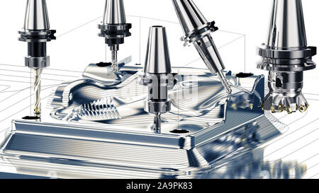 Industrial metalworking cutting process by milling cutter, 3D rendering Stock Photo
