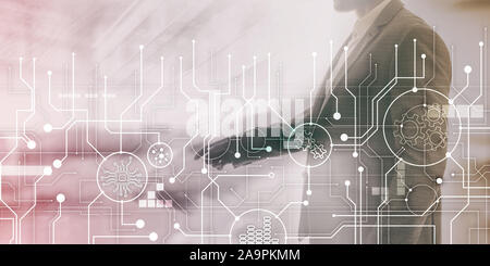 Electronic circuit board processor and gears on abstract business background. Stock Photo