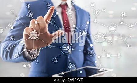Technology industrial business process workflow organisation structure on virtual screen. IOT smart industry concept mixed media diagram Stock Photo