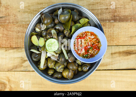 Pila ampullacea shellfish freshwater snail nautilus ammonite with spicy chili sauce / Boiled golden apple snail river cooked for Asian food in Thailan Stock Photo