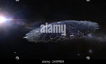 UFO, alien spaceship in outer space, flying saucer with stars of the Milky Way galaxy Stock Photo