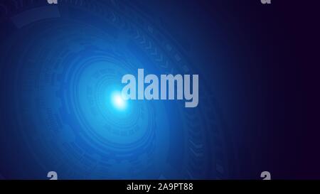 Abstract dark blue digital hud futuristic circle circuits patterns with flare rays background. Hi-tech illustration. HUD user interface. Perspective. Stock Vector