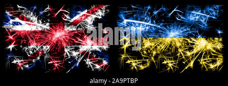 Great Britain, United Kingdom vs Ukraine, Ukrainian New Year celebration travel sparkling fireworks flags concept background. Combination of two abstr Stock Photo