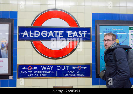 Aldgate East Underground Station signage and Roundel, Aldgate, London, UK Stock Photo