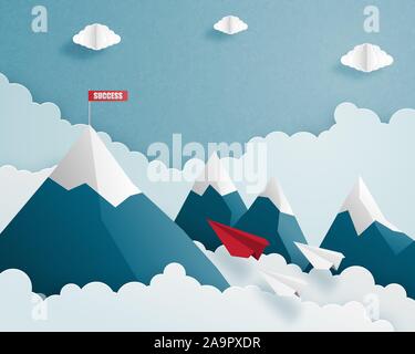 Business leadership and teamwork concepts. Paper airplane in paper cut style red and white teamwork flying to red success flag on top of mountain. Vec Stock Vector