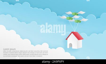 Paper craft origami made home hanging on flying money in the sky. Vector art and illustration business and fiance concept. Design for backdrop, banner Stock Vector