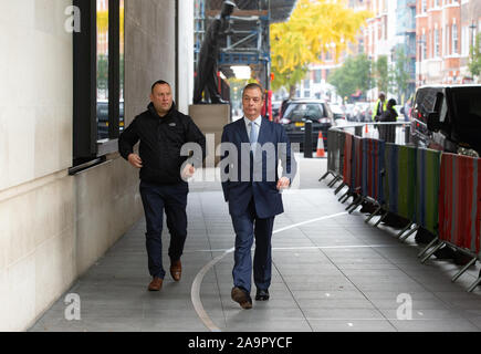 UK. 17th Nov, 2019. Brexit Party Leader, Nigel Farage, at the BBC Studios. Credit: Tommy London/Alamy Live News Stock Photo