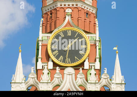 Сhiming clock of the Spasskaya Tower close-up on a sunny day. Moscow Kremlin, Russia Stock Photo