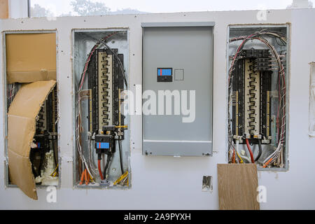 Switchboard electrical voltage box with wires with circuit breakers. Stock Photo