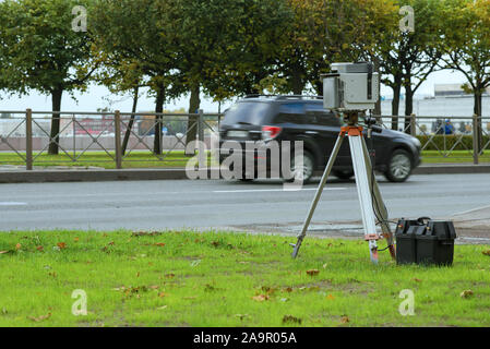 ST.PETERSBURG, RUSSIA - OCTOBER 05, 2019: Photo-radar mobile complex monitoring the speed of cars close up on a cloudy autumn day Stock Photo