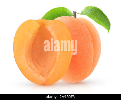 Isolated apricots. One whole apricot fruit and a half isolated on white background with clipping path Stock Photo