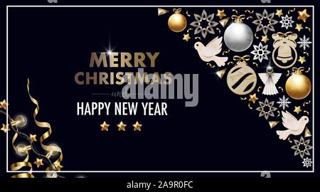 Christmas banner or postcard with pines, angels and wood decor. Vector. Stock Vector