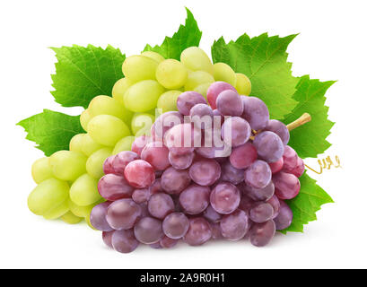 Isolated grape varieties. Bunch of white and red grapes with leaves isolated on white background with clipping path Stock Photo