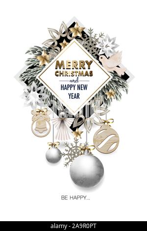 Christmas banner or postcard with pines, angels and wood decor. Vector. Stock Vector