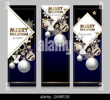 Christmas banner or postcard with pines, angels and wood decor. Vector. Stock Vector