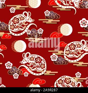Seamless pattern with mouses and sakura. Stock Vector