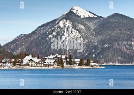 An image of the Walchensee in Bavaria Germany covered in snow Stock Photo