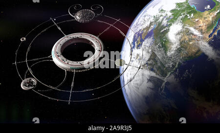 space station with spaceships in orbit of planet Earth Stock Photo