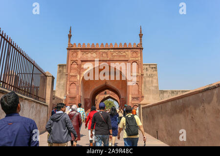 Inner gateway of Agra fort also called Hathi Pol ('Elephant Gate'). Agra Red Fort was designed and built by the great Mughal ruler, Akbar. Stock Photo