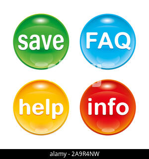 four glossy web icons with the word save FAQ help info Stock Photo - Alamy