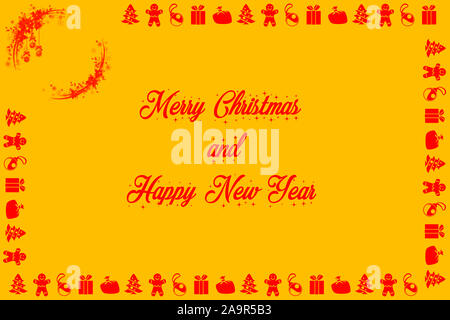 Merry Christmas and happy new year in red letters on golden background, decorated with different Christmas symbols Stock Photo