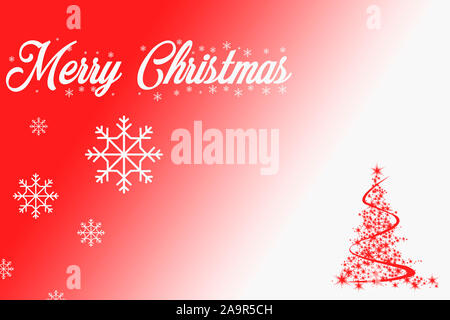 Merry Christmas in white letters on a red background, decorated with snowflakes and a Christmas tree Stock Photo