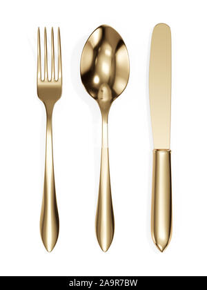 3d render of fork, spoon and golden knife isolated on white background Stock Photo