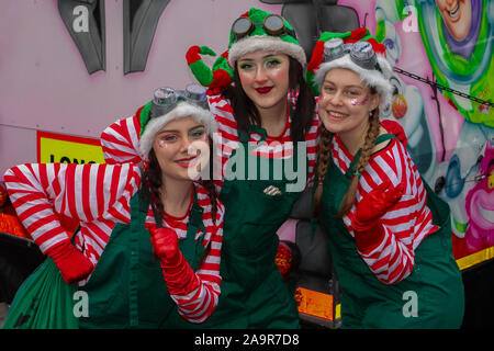 Southport, Merseyside, UK. 17th Nov, 2019. Marie, Tracey and Sharon at the Christmas light switch-on event staged in the town centre as part of the BID improvement scheme. Heavy showers during the afternoon did nothing to dampen the festive spirit. Credit: MediaWorldImages/AlamyLiveNews. Stock Photo