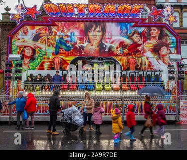 Southport, Merseyside, UK. 17th Nov, 2019. The Christmas light switch-on event staged in the town centre as part of the BID improvement scheme. Heavy showers during the afternoon did nothing to dampen the festive spirit. Credit: MediaWorldImages/AlamyLiveNews. Stock Photo