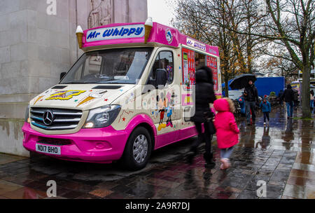 The Christmas light switch-on event staged in the town centre as part of the BID improvement scheme. Heavy showers during the afternoon did nothing to dampen the festive spirit. Stock Photo