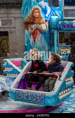 Childrens FROZEN ride at Southport, Merseyside, UK. 17th Nov, 2019. The Christmas light switch-on event staged in the town centre as part of the BID improvement scheme. Heavy showers during the afternoon did nothing to dampen the festive spirit. Stock Photo