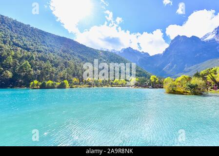 Scenery of Blue Moon Valley in Jade Dragon Snow Mountain Stock Photo