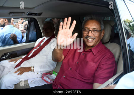 Colombo, Sri Lanka. 17th Nov, 2019. Gotabaya Rajapaksa greets supporters in Colombo, Sri Lanka, Nov. 17, 2019. Sri Lanka's Elections Chief Mahinda Deshapriya on Sunday afternoon confirmed that opposition candidate Gotabaya Rajapaksa won the presidential elections. Credit: Gayan Sameera/Xinhua/Alamy Live News Stock Photo