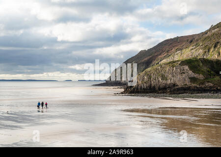 Pendine Sands, Carmarthenshire, Wales, dog walkers on the beach at low tide, Stock Photo