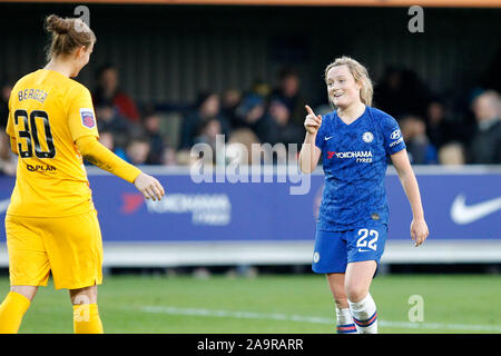 Kingston, UK. 17th Nov, 2019. Ann-Katrin Berger of Chelsea and Erin Cuthbert during the FAWSL match between Chelsea Ladies and Manchester United Women at the Cherry Red Records Stadium, Kingston, England on 17 November 2019. Photo by Carlton Myrie/PRiME Media Images. Credit: PRiME Media Images/Alamy Live News Stock Photo