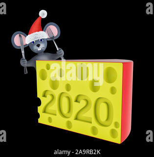 Piece of cheese with mice isolated on black. Cartoon cute rat, symbol of 2020 year. Chinese New Year. 3d render Stock Photo