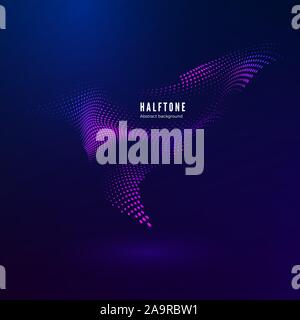 Halftone design element motion effect. Abstract colorful halftone background with dynamic waves. Warp dots triangle surface. Vector illustration in bl Stock Vector