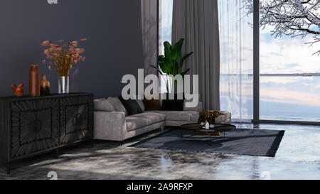 Modern interior design of a living room in an apartment, house, office, comfortable sofa, bright modern interior details and light from the window on Stock Photo