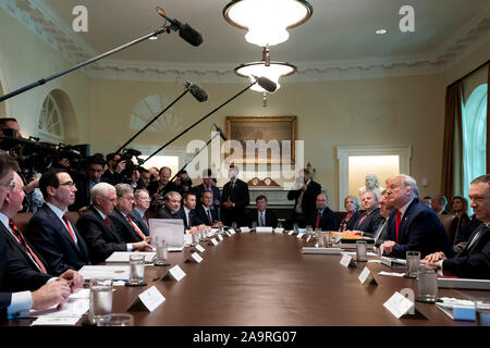 President Donald J. Trump speaks with reporters during a Cabinet meeting Monday, Oct. 21, 2019, in the Cabinet Room of the White House.