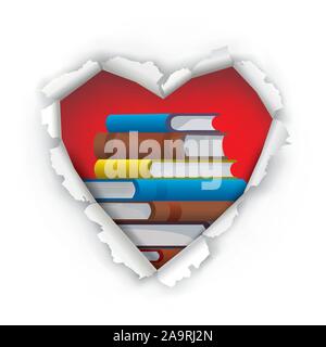 We love books, sign concept. Torn paper red heart with books. Isolated on white background. Vector available. Stock Vector