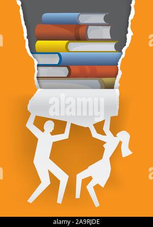 Discover good literature, advertising concept.  Stylized male and female silhouette ripping paper background with books. Vector available. Stock Vector