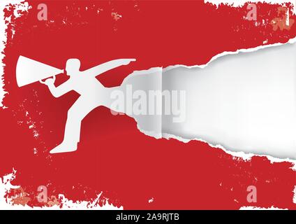 Man with megaphone ripping grunge style paper background. Illustration of expressive grunge background. Suitable for original flyer or banner. Stock Vector