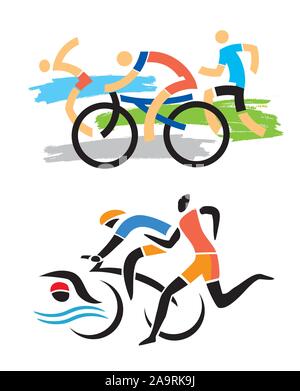 Triathlon Racers, Runner,cyclist, swimmer icon. Two Stylized illustrations of Three triathlon athletes. Isolated on white background. Vector available Stock Vector