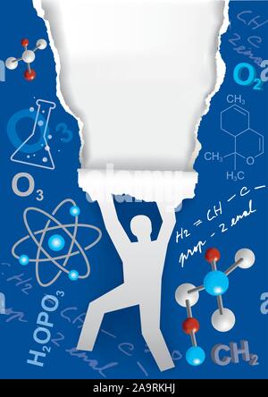 Discovering chemistry, ripped paper background. Illustration of male silhouette ripping paper with chemistry symbols and notes. Vector available. Stock Vector