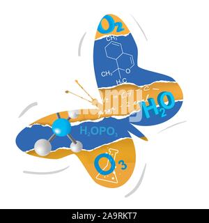 Easy learning of chemistry, paper butterfly concept. Colorful illustration of Butterfly silhouette with chemistry symbols. Vector available. Stock Vector