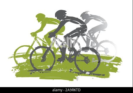 Cycling race, mountain bikers,expressive stylized.  Illustration of cyclists in full speed. Imitation of hand drawing. Vector available. Stock Vector