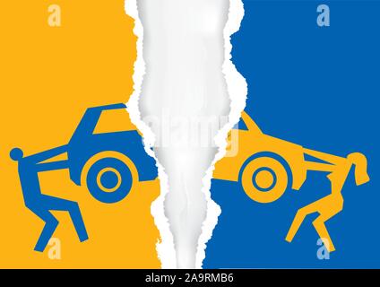 Division of property at divorce, car. Stylized Illustration of A divorced couple ripping paper with the symbol of the car. Vector available. Stock Vector
