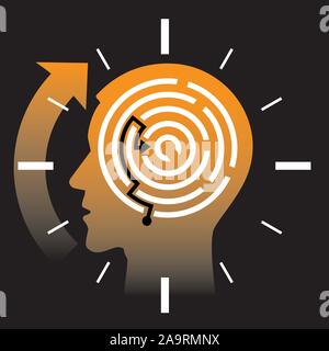 Deadline, stressed man, concept. Illustration of Stylized male head silhouette with maze. Vector available. Stock Vector