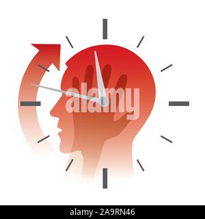 Deadline, stressed out man with watch. Stylized male head silhouette holding his head, with watch. Concept for stress and overwork. Vector available. Stock Vector