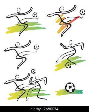 Soccer players icons. Set of expressive icons with soccer kicking a ball.Imitation of ink drawing. Isolated on white background. Vector available. Stock Vector